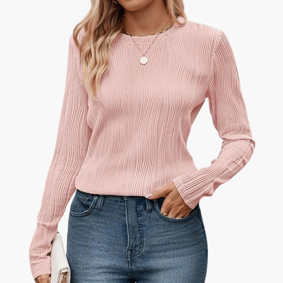 Women's Ribbed Long Sleeve Top with Round Neckline and Fitted Fit