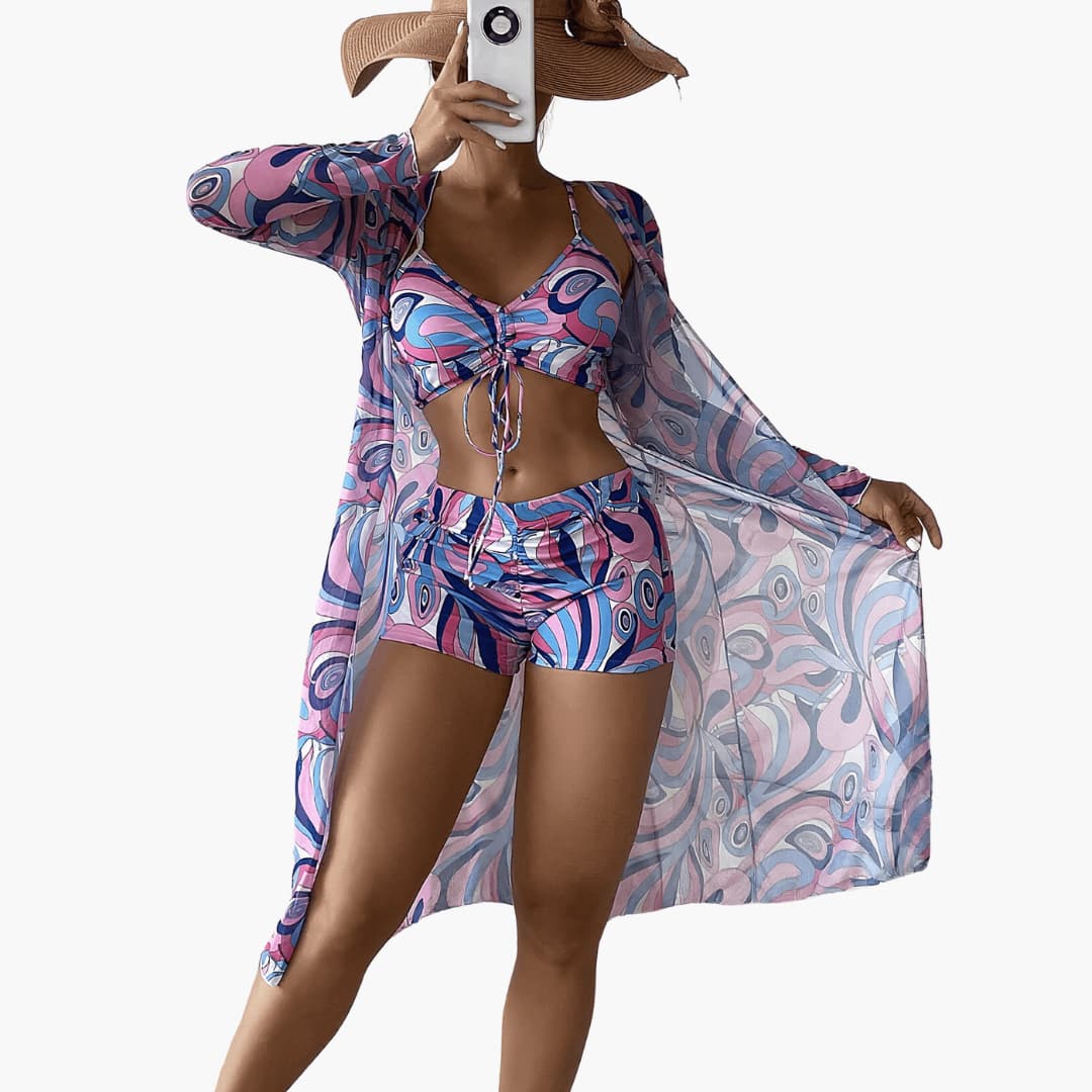 Women’s Beachwear Set with Kimono and High-Waisted Shorts