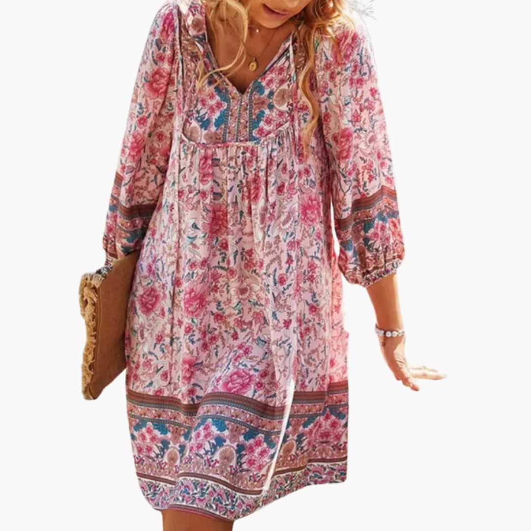 Women's Knee-Length Dress with V-Neck and Long Sleeves