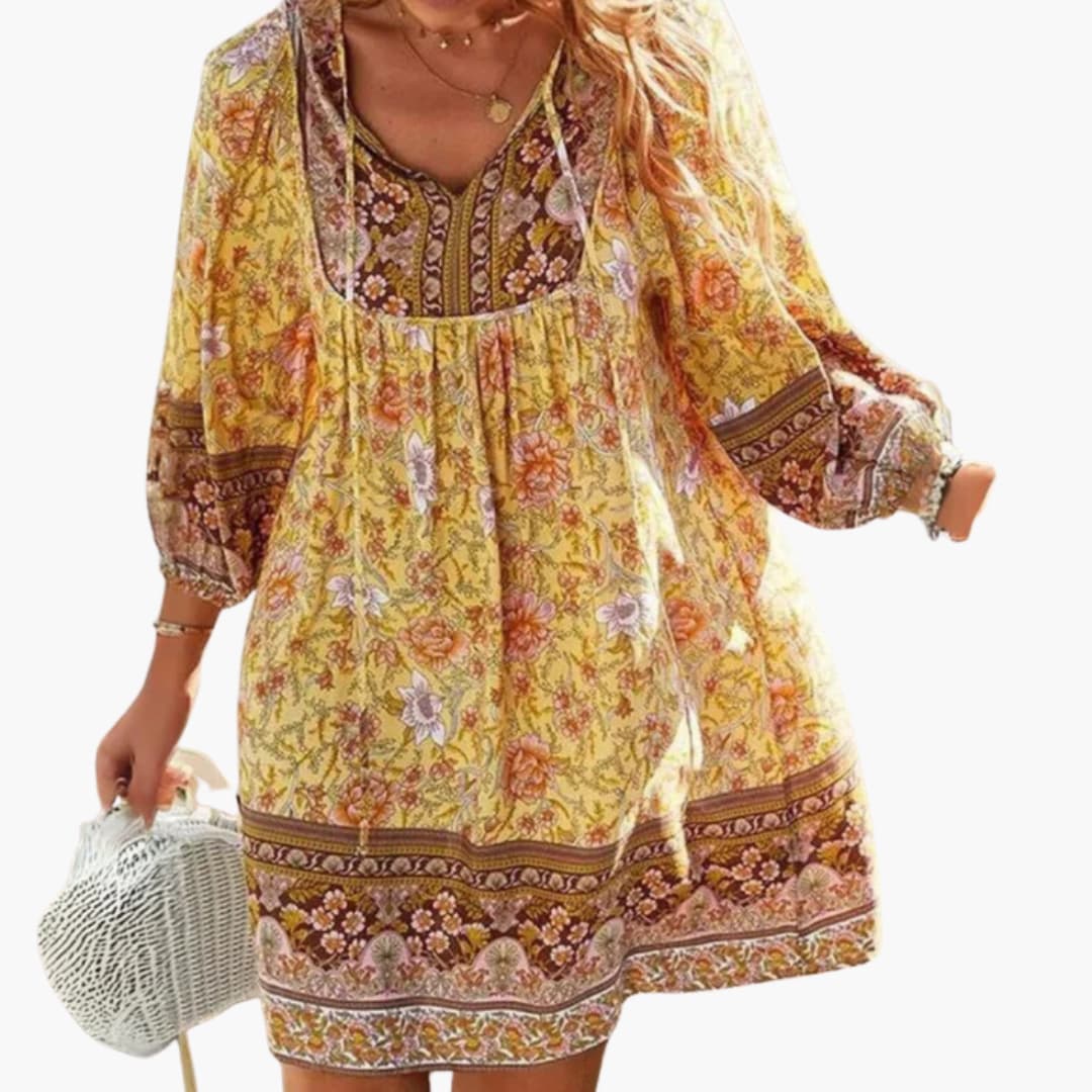 Women's Knee-Length Dress with V-Neck and Long Sleeves