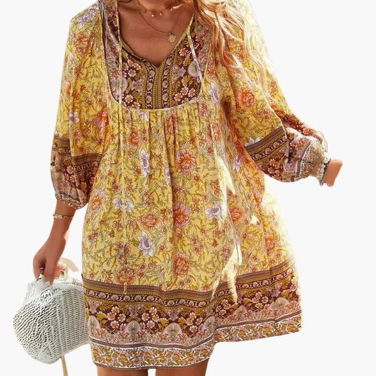 Women's Knee-Length Dress with V-Neck and Long Sleeves