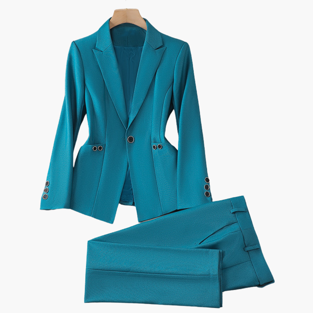 Women's Blazer Set with Single Button and Straight Leg Trousers