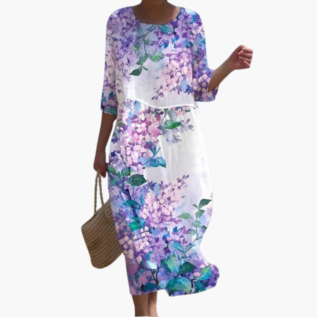 Women's Midi Dress with Round Neck and Three-Quarter Sleeves