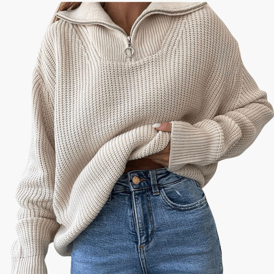 Women's Knit Jumper with Half-Zip Collar and Ribbed Texture