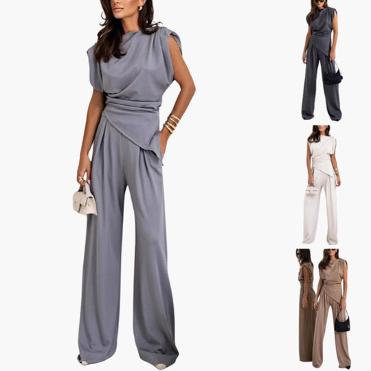 Women’s Two-Piece Set with Draped Top and Wide-Leg Trousers