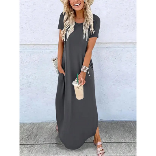 Women's Casual Maxi Dress with Round Neck and Flowing Fit