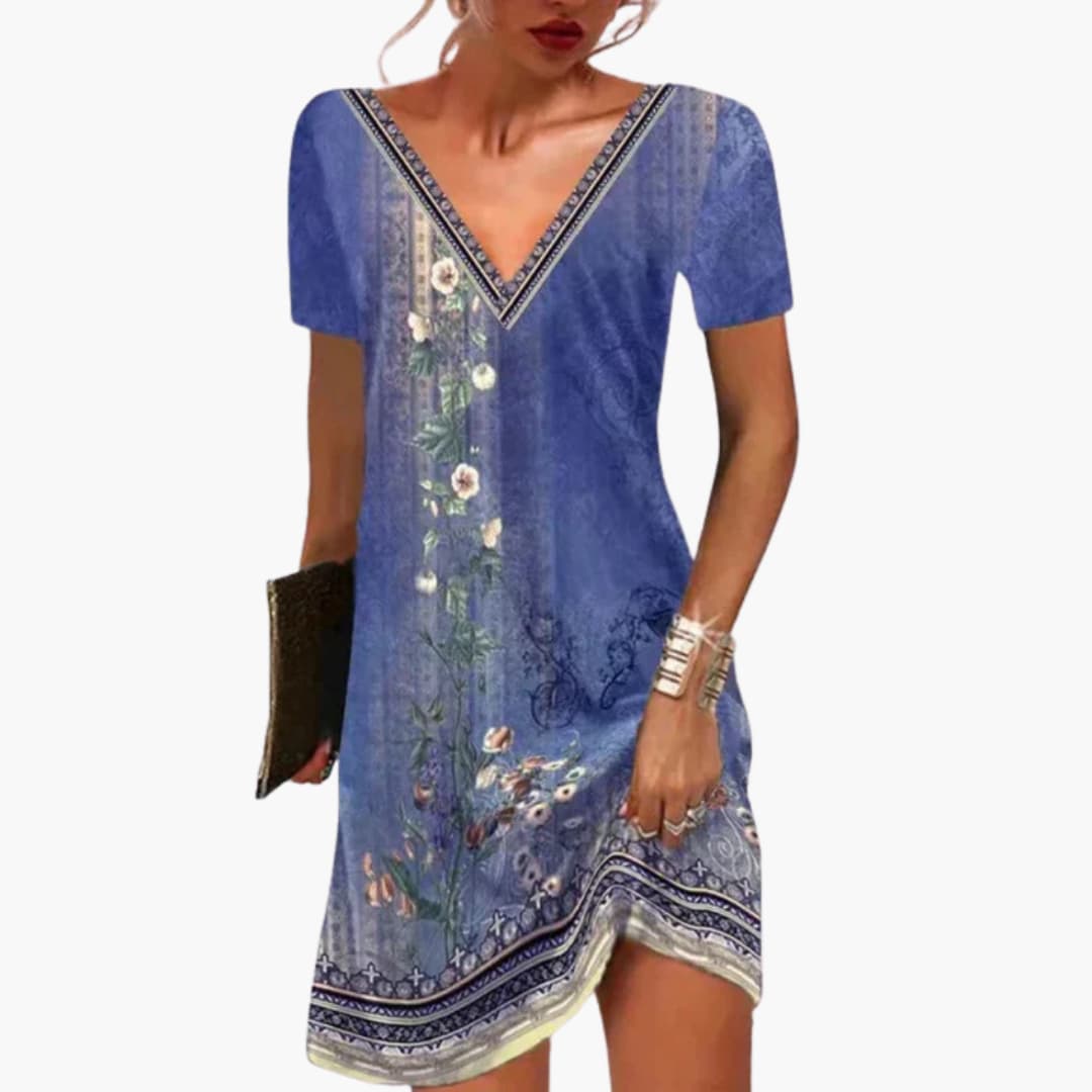 Women's Mini Dress with V-Neck and Short Sleeves