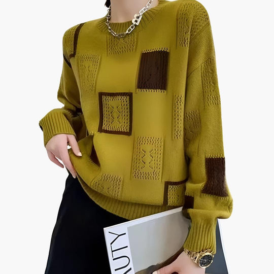 Women’s Patchwork Knit Jumper with Long Sleeves and Pullover Style