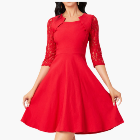 Women’s A - Line Dress with Lace Sleeves and Flared Skirt