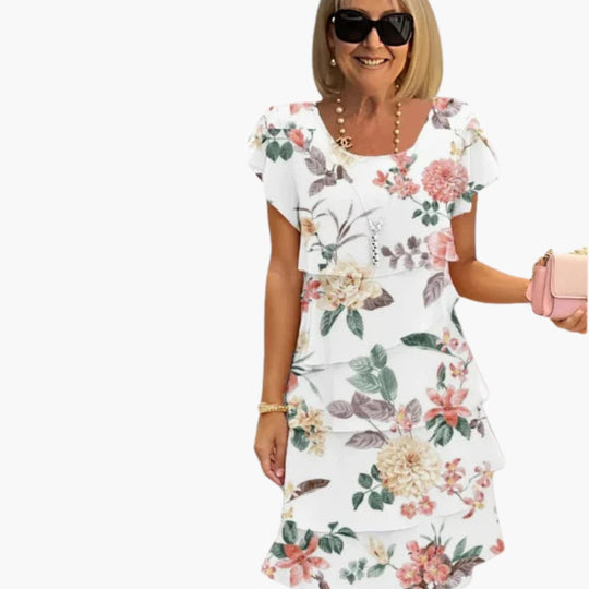 Women's Midi Dress with Round Neck and Tiered Skirt