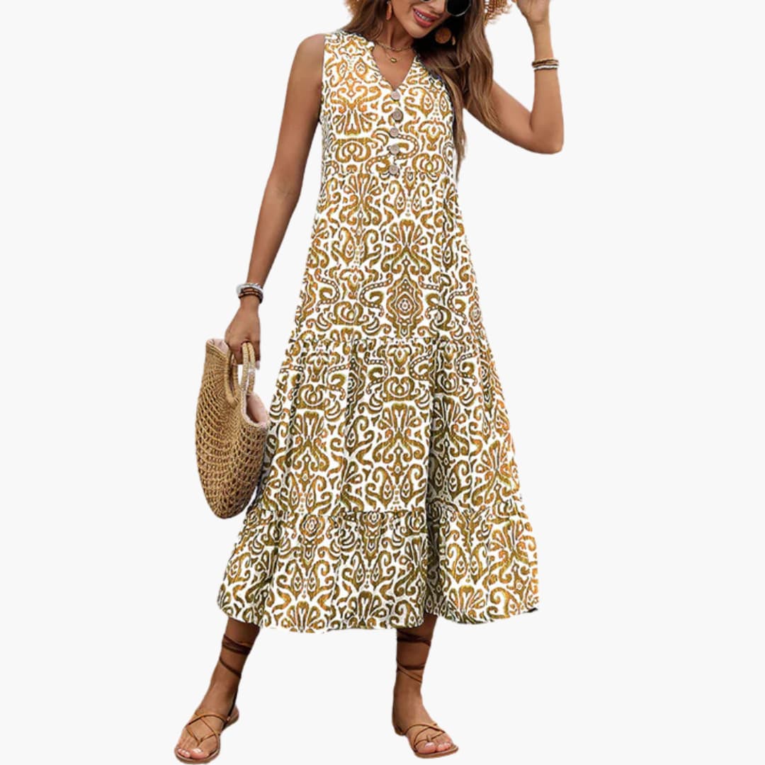 Women's Midi Dress with V-Neck and Abstract Floral Print