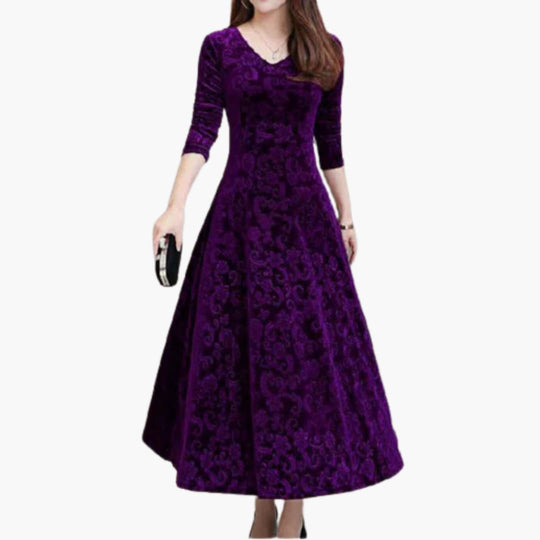 Women’s A-Line Maxi Dress with V-Neck and Three-Quarter Sleeves