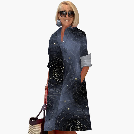 Women's Midi Dress with Shirt Collar and Side Pockets