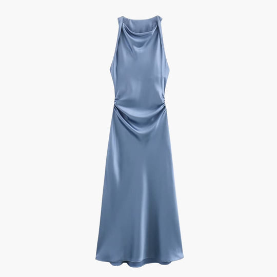 Women’s Satin Cowl Neck Midi Dress with Ruched Waist