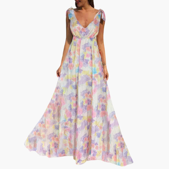 Women’s Sleeveless Floral Maxi Dress with Plunging Neckline and Open Back