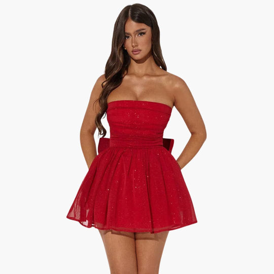 Women’s mini dress with bandeau neckline and flared skirt