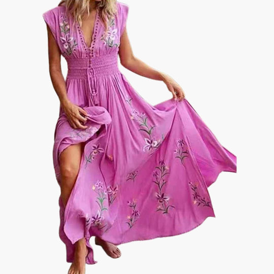 Women’s Sleeveless Maxi Dress with Smocked Waist and Floral Embroidery