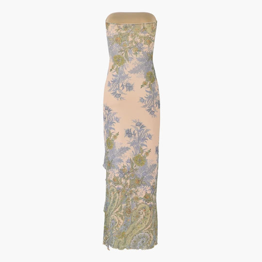 Women’s strapless maxi dress with high slit and floral print