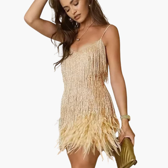 Women’s mini dress with spaghetti straps and fringe detailing