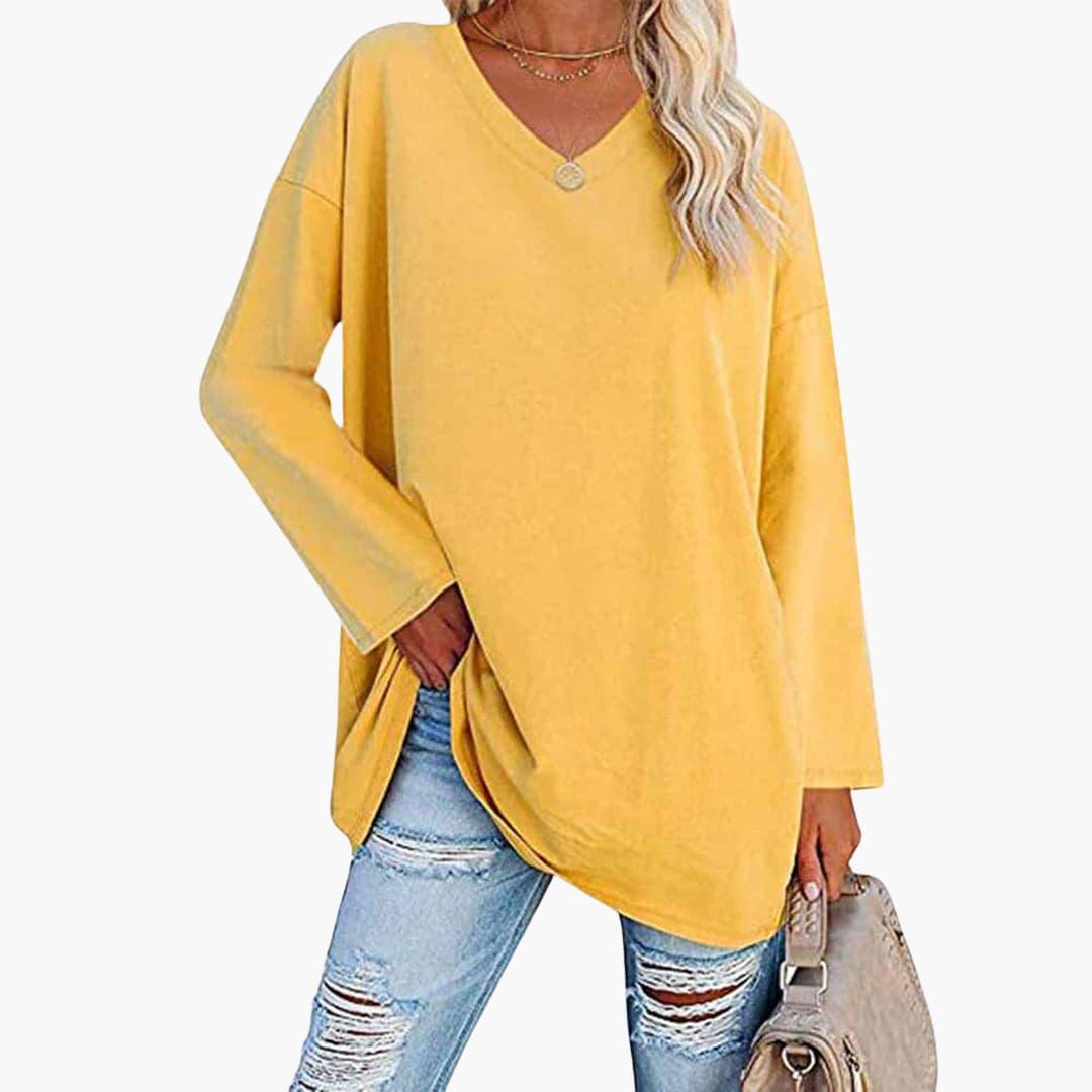 Women's V-Neck Blouse with Long Sleeves and Relaxed Fit
