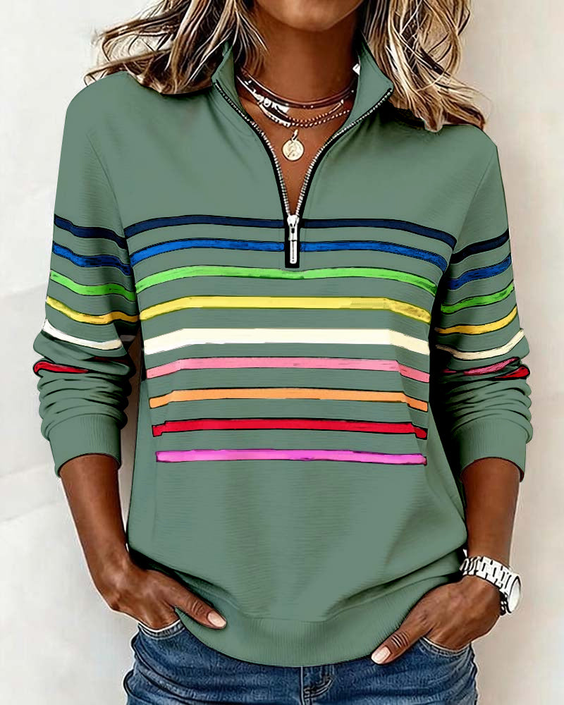 Women's Sweatshirt with Stripes and Half-Zip Design