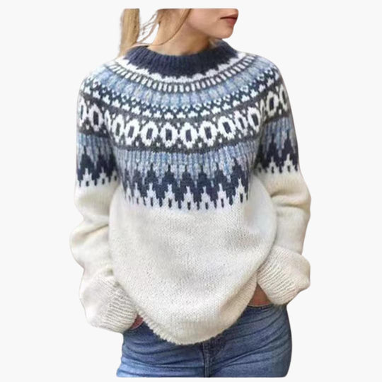 Women's Knitted Jumper with Long Sleeves and Nordic Jacquard Pattern