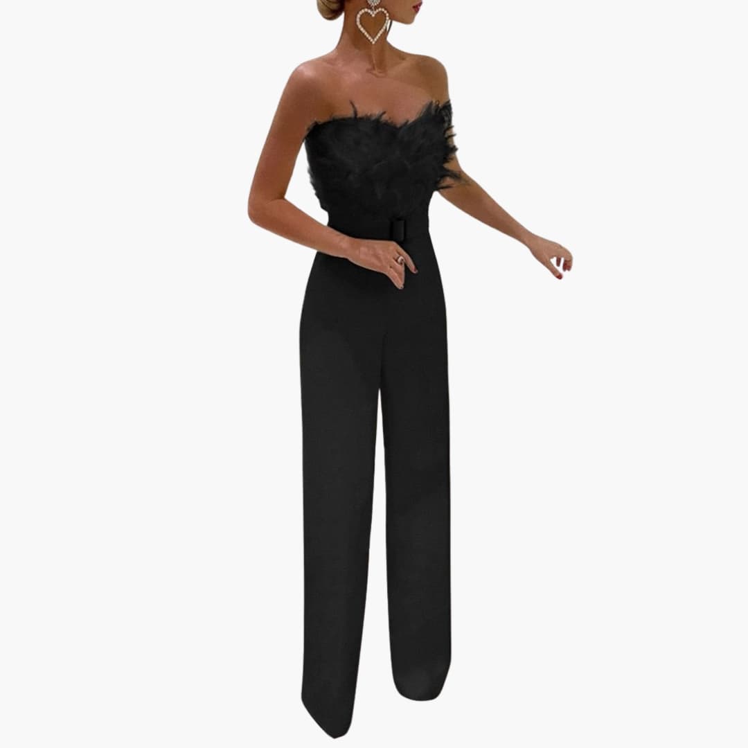 Women’s Strapless Jumpsuit with Feather Top and Wide Legs