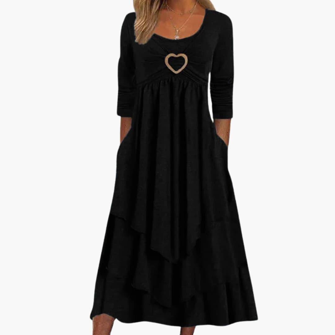 Women's Long Sleeve Midi Dress with Round Neckline and Tiered Design