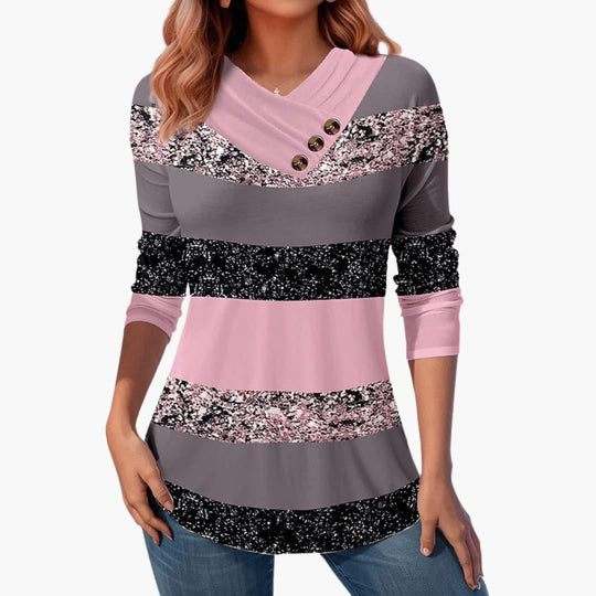 Women’s Casual Top with Striped Pattern and Button Details