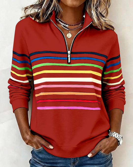 Women's Sweatshirt with Stripes and Half-Zip Design