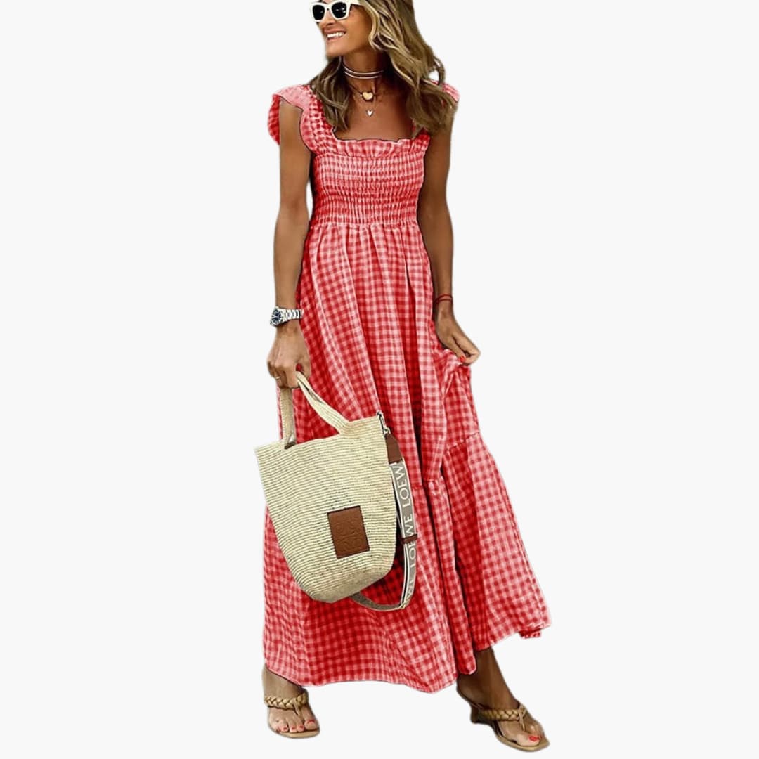 Women’s Maxi Dress with Square Neckline and Tiered Skirt
