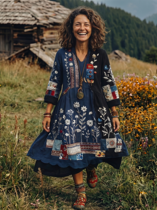 Alix | Embroidered Panel Long Sleeve Midi Dress