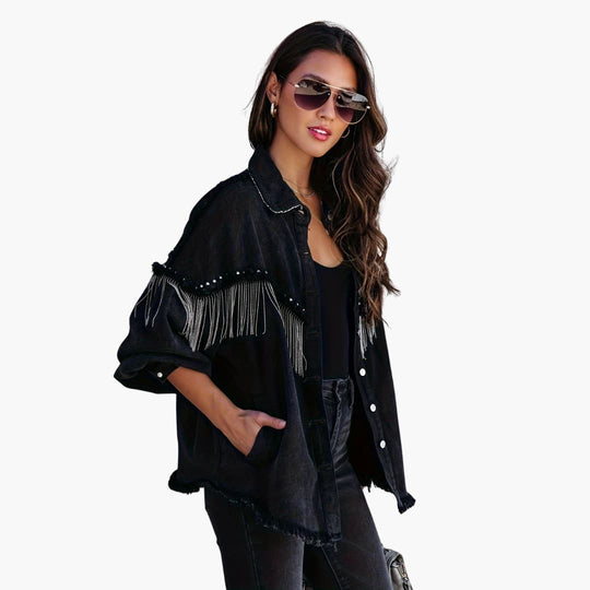 Women’s Denim Jacket with Buttons and Fringe