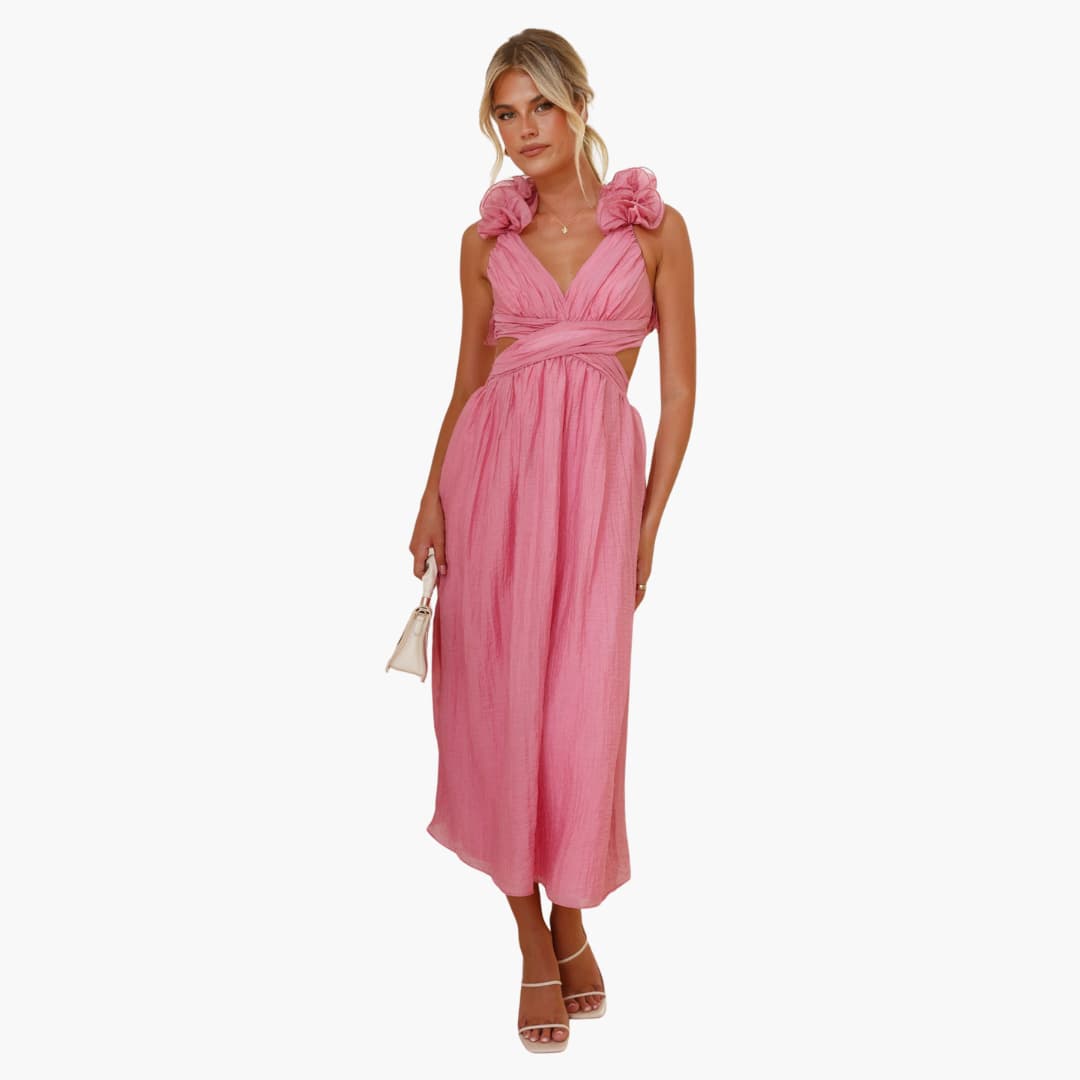Women's Summer Dress with Ruffle Shoulders and Tie-Back