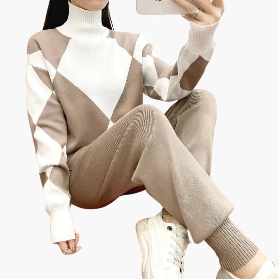 Women's Knit Set with Roll Neck and Matching Trousers