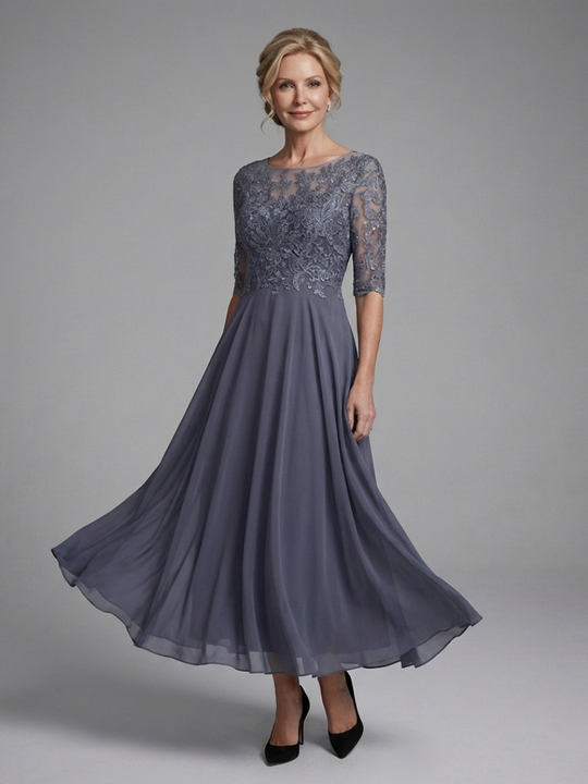 Olivine | Lace Bodice Sheer Sleeve Midi Dress