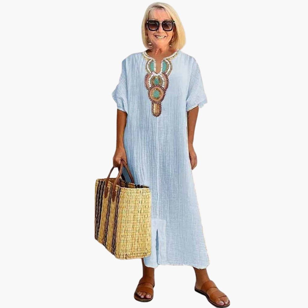 Women's Maxi Dress with Embroidered Neckline and Side Slit