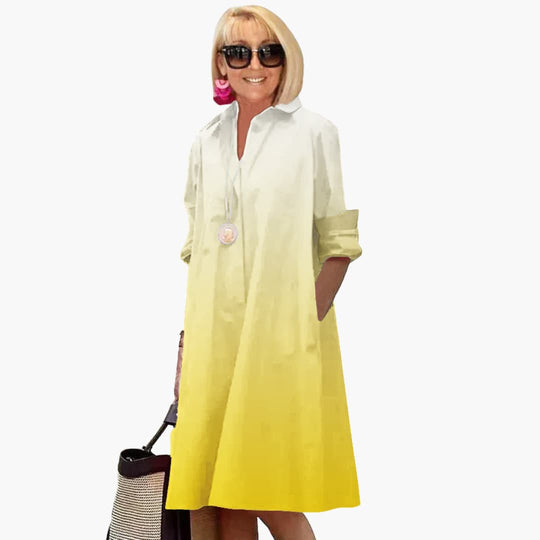 Women's Midi Dress with Collared V-Neck and Side Pockets