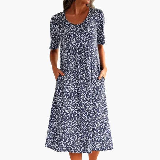 Women's Midi Dress with Round Neck and Side Pockets