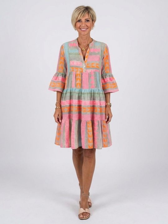 Maelle | Geometric Print V Neck Tiered Knee Length Dress
