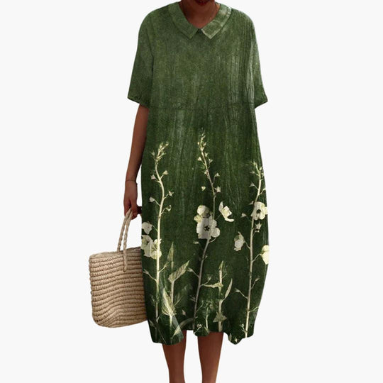 Women's Floral Midi Dress with V-Neck and Short Sleeves