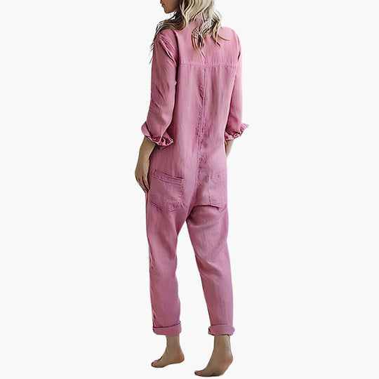 Women's Long Sleeve Jumpsuit with Button-Down Front and Chest Pockets