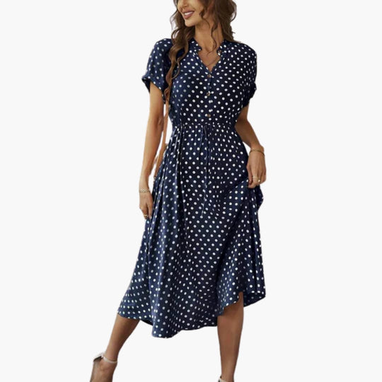Women’s Midi Dress with Button-Through Front and Drawstring Waist