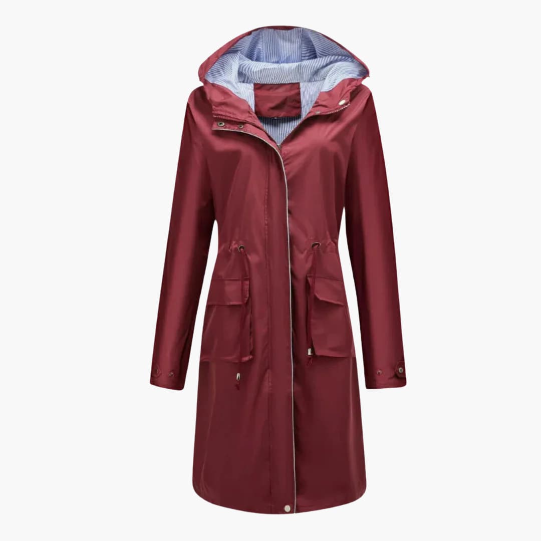 Women’s Hooded Trench Coat with Zip Closure and Drawstring Waist