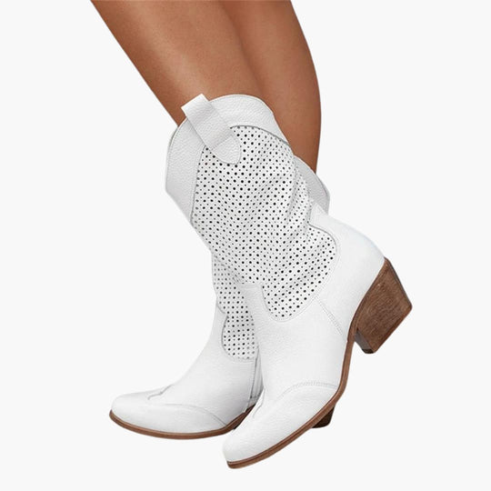 Women's Mid-Calf Boots with Perforated Upper and Low Block Heel