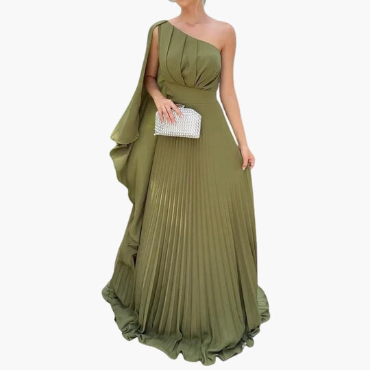 Women's Evening Dress with One-Shoulder Neckline and Pleated Skirt