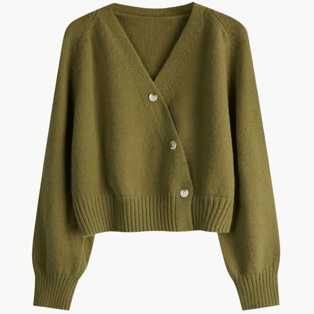 Women's V-Neck Buttoned Cardigan with Long Sleeves and Ribbed Hem