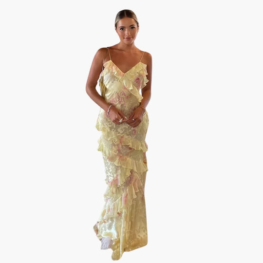 Women’s Maxi Dress with Open Back and Ruffle Panels