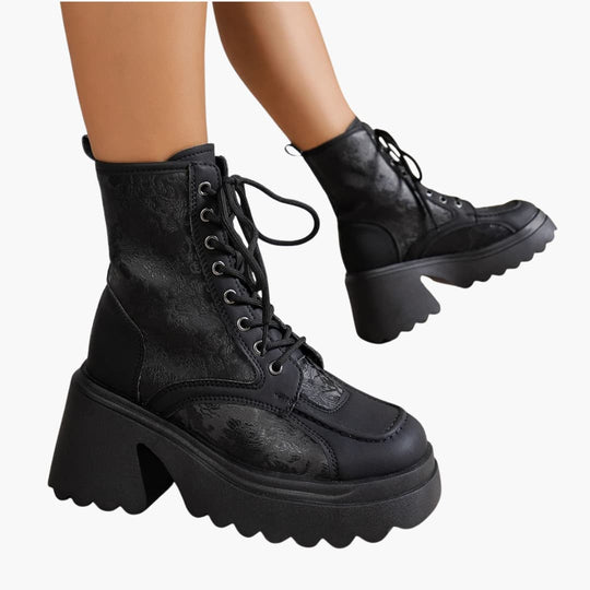 Women’s Lace-up Winter Boots with Scalloped Block Heel and Platform Sole