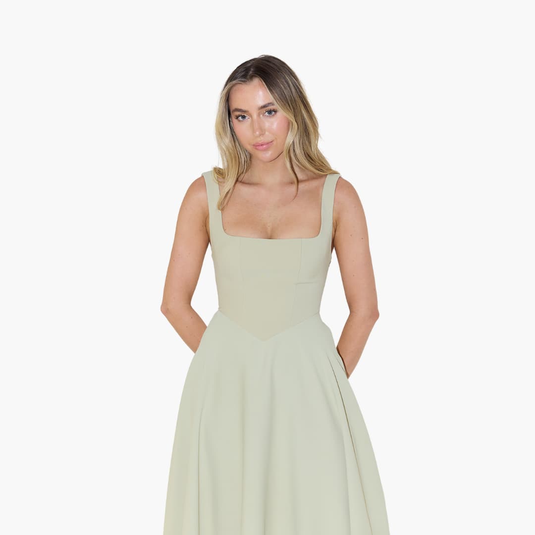 Women’s Midi Dress with Square Neckline and Flared Skirt